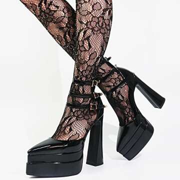 Tscoyuki Women's Fashion Pointed Toe Platform Heels, Buckle Straps Chunky Block High Heel Pumps Date Dress Shoes