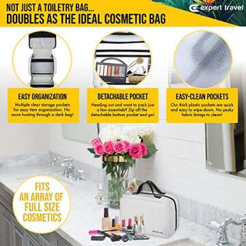 Hanging Travel Toiletry Bag for Men and Women | Makeup Bag | Cosmetic Bag | Bathroom and Shower Organizer Kit | Leak Proof | Large (34”x11”)