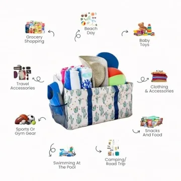 Lucazzi Extra Large Utility Tote Bag, Oversized Collapsible Reusable Wire Frame Rectangular Canvas Basket With Two Exterior Pockets For Beach, Pool, Laundry, Car Trunk, Storage - Cactus White