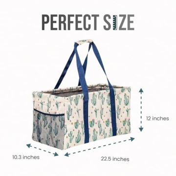 Lucazzi Extra Large Utility Tote Bag, Oversized Collapsible Reusable Wire Frame Rectangular Canvas Basket With Two Exterior Pockets For Beach, Pool, Laundry, Car Trunk, Storage - Cactus White