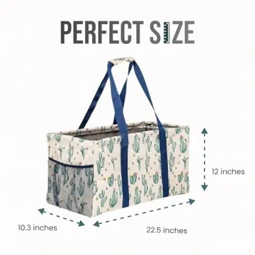 Lucazzi Extra Large Utility Tote Bag, Oversized Collapsible Reusable Wire Frame Rectangular Canvas Basket With Two Exterior Pockets For Beach, Pool, Laundry, Car Trunk, Storage - Cactus White
