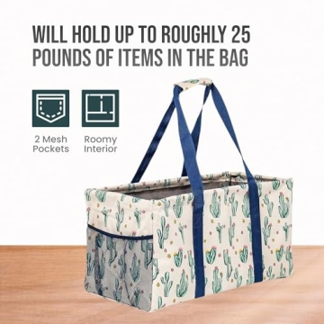 Lucazzi Extra Large Utility Tote Bag, Oversized Collapsible Reusable Wire Frame Rectangular Canvas Basket With Two Exterior Pockets For Beach, Pool, Laundry, Car Trunk, Storage - Cactus White