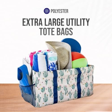 Lucazzi Extra Large Utility Tote Bag, Oversized Collapsible Reusable Wire Frame Rectangular Canvas Basket With Two Exterior Pockets For Beach, Pool, Laundry, Car Trunk, Storage - Cactus White