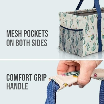 Lucazzi Extra Large Utility Tote Bag, Oversized Collapsible Reusable Wire Frame Rectangular Canvas Basket With Two Exterior Pockets For Beach, Pool, Laundry, Car Trunk, Storage - Cactus White