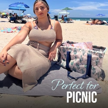 Lucazzi Extra Large Utility Tote Bag, Oversized Collapsible Reusable Wire Frame Rectangular Canvas Basket With Two Exterior Pockets For Beach, Pool, Laundry, Car Trunk, Storage - Cactus White