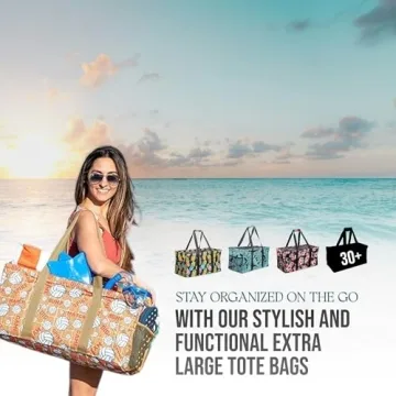 Lucazzi Extra Large Utility Tote Bag, Oversized Collapsible Reusable Wire Frame Rectangular Canvas Basket With Two Exterior Pockets For Beach, Pool, Laundry, Car Trunk, Storage - Cactus White