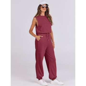 ANRABESS Jumpsuits for Women Casual Summer Sleeveless 2025 Romper One Piece Outfit Active Workout Lounge Jumpsuits Pockets Red Medium
