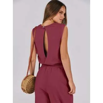 ANRABESS Jumpsuits for Women Casual Summer Sleeveless 2025 Romper One Piece Outfit Active Workout Lounge Jumpsuits Pockets Red Medium