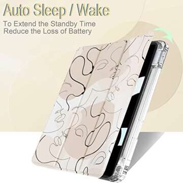 Feams Case for iPad (A16) 11th Generation 11 Inch 2025, iPad 10th Generation Case 10.9 Inch 2022, Slim iPad A16 /10th Gen Case Clear Back Cover with Pencil Holder & Auto Sleep, Line Art