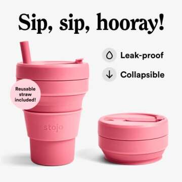 STOJO Collapsible Travel Cup - Reusable To-Go Pocket Size Silicone Bottle for Hot and Cold Drinks - Perfect for Camping - Microwave & Dishwasher Safe (Peony, 8 Ounce (Pack of 1))