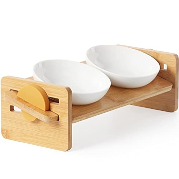 FUKUMARU Elevated Cat Ceramic Bowls, Small Dog 15° Tilted Raised Food Feeding Dishes, Solid Bamboo ...