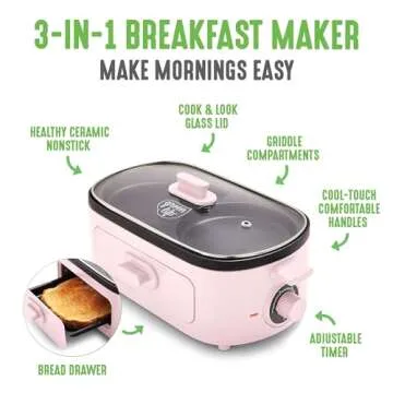GreenLife 3-in-1 Breakfast Station, Ceramic Nonstick Dual Griddles for Eggs, Meat, Pancakes & Sandwiches + 2-Slice Toast Drawer, Healthy Cooking, Timer, Versatile Morning Meal Maker, Pink