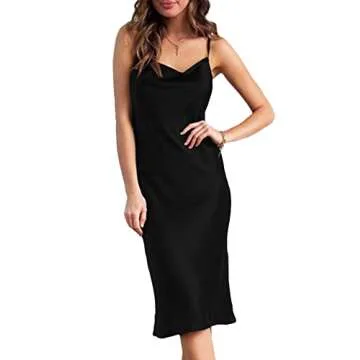 xxxiticat Women's Sleeveless Spaghetti Strap Satin Dress Cocktail Beach Evening Party Cowl Neck Dot Leopard Midi Dresses(BL,M)