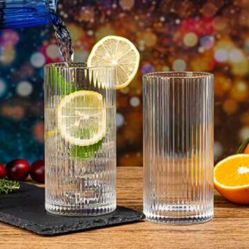 megarte Ribbed Glassware Vintage Drinking Glasses - 13 Oz Glassware Set of 6 Highball Origami Style ...
