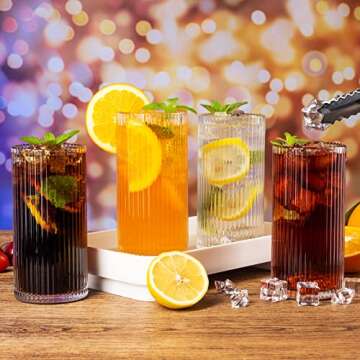 megarte Ribbed Glassware Vintage Drinking Glasses - 13 Oz Glassware Set of 6 Highball Origami Style Fluted Vertical Stripes Tumblers Juice Drinking Cups Dishwasher Safe