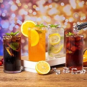 megarte Ribbed Glassware Vintage Drinking Glasses - 13 Oz Glassware Set of 6 Highball Origami Style Fluted Vertical Stripes Tumblers Juice Drinking Cups Dishwasher Safe