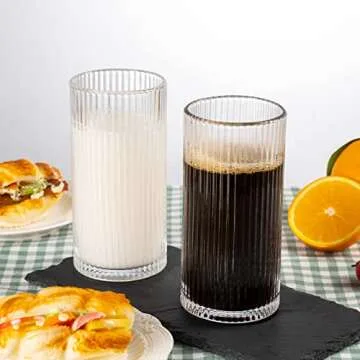 megarte Ribbed Glassware Vintage Drinking Glasses - 13 Oz Glassware Set of 6 Highball Origami Style Fluted Vertical Stripes Tumblers Juice Drinking Cups Dishwasher Safe