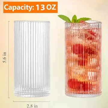 megarte Ribbed Glassware Vintage Drinking Glasses - 13 Oz Glassware Set of 6 Highball Origami Style Fluted Vertical Stripes Tumblers Juice Drinking Cups Dishwasher Safe