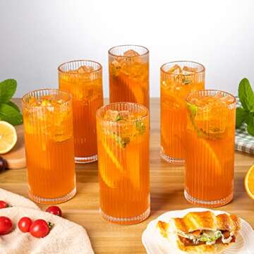 megarte Ribbed Glassware Vintage Drinking Glasses - 13 Oz Glassware Set of 6 Highball Origami Style Fluted Vertical Stripes Tumblers Juice Drinking Cups Dishwasher Safe