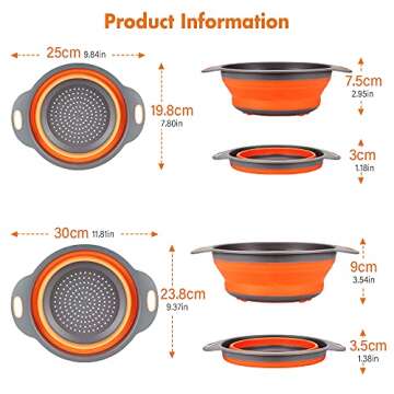 ACOHICE Collapsible Colander Basket 2 of Set，Vegetables Fruit Washing Basket Drain Tool，Small & Big Size Silicone Telescopic Colander with Handle For Kitchen/Home/Restaurant Round Shape (Orange)