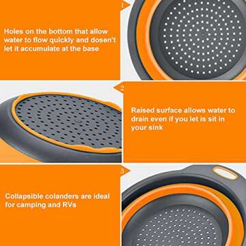 ACOHICE Collapsible Colander Basket 2 of Set，Vegetables Fruit Washing Basket Drain Tool，Small & Big Size Silicone Telescopic Colander with Handle For Kitchen/Home/Restaurant Round Shape (Orange)