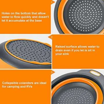 ACOHICE Collapsible Colander Basket 2 of Set，Vegetables Fruit Washing Basket Drain Tool，Small & Big Size Silicone Telescopic Colander with Handle For Kitchen/Home/Restaurant Round Shape (Orange)