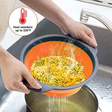 ACOHICE Collapsible Colander Basket 2 of Set，Vegetables Fruit Washing Basket Drain Tool，Small & Big Size Silicone Telescopic Colander with Handle For Kitchen/Home/Restaurant Round Shape (Orange)