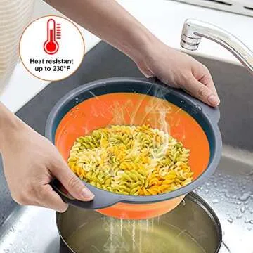 ACOHICE Collapsible Colander Basket 2 of Set，Vegetables Fruit Washing Basket Drain Tool，Small & Big Size Silicone Telescopic Colander with Handle For Kitchen/Home/Restaurant Round Shape (Orange)