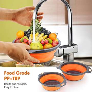 ACOHICE Collapsible Colander Basket 2 of Set，Vegetables Fruit Washing Basket Drain Tool，Small & Big Size Silicone Telescopic Colander with Handle For Kitchen/Home/Restaurant Round Shape (Orange)