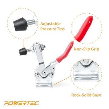 POWERTEC 4PK Toggle Clamp, 500 lbs Holding Capacity, 225D Quick Release Horizontal Clamps w/ Antislip Rubber Pressure Tip for Woodworking Jigs and Fixtures, Welding, Drill Press, Crosscut Sled (20326)