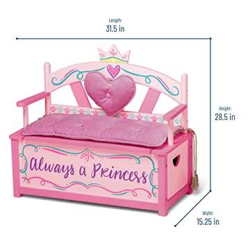Wildkin Kids Princess Wooden Bench Seat With Storage, Toy Box Bench Seat Features Safety Hinge, Padded Backrest, Seat Cushion, and Two Carrying Handles, Measures 32 x 15.5 x 27.5 Inches (Pink)