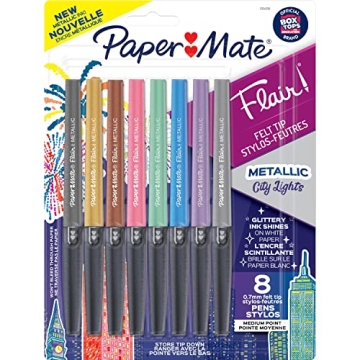 Paper Mate Flair Pens, Metallic Felt Tip Pens, City Lights, Glittery Ink Shines on White Paper, Asso...