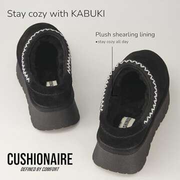 CUSHIONAIRE Kabuki Platform Boots Genuine Suede Fuzzy Slippers for Women with Memory Foam | Indoor/Outdoor Womens Slippers | Wide Widths Available | BLACK 9