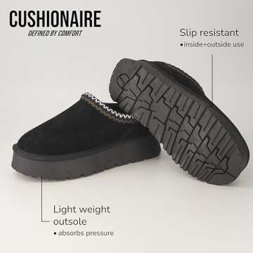 CUSHIONAIRE Kabuki Platform Boots Genuine Suede Fuzzy Slippers for Women with Memory Foam | Indoor/Outdoor Womens Slippers | Wide Widths Available | BLACK 9