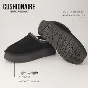 CUSHIONAIRE Kabuki Platform Boots Genuine Suede Fuzzy Slippers for Women with Memory Foam | Indoor/Outdoor Womens Slippers | Wide Widths Available | BLACK 9