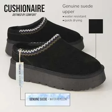 CUSHIONAIRE Kabuki Platform Boots Genuine Suede Fuzzy Slippers for Women with Memory Foam | Indoor/Outdoor Womens Slippers | Wide Widths Available | BLACK 9