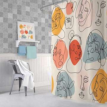 MERCHR Boho Abstract Aesthetic Art Shower Curtain, Minimalist Cute Women Floral Design Beige Fabric Shower Curtains Set for Bathroom, Feminine Restroom Decor Accessories with Hooks 72X 72 Inch