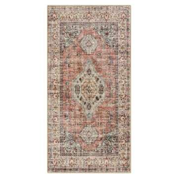 Lahome Oriental Washable Rug Runners for Hallways, 2x5 Kitchen Runner Rug Non Slip with Rubber Backing Ultra-Thin Vintage Carpet for Bedroom Bathroom, Peach/Orange