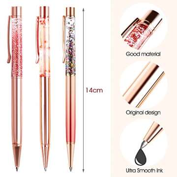 BYSOU Ballpoint Pens, 4pcs Rose Gold Metal Pen Refills Bling Dynamic Liquid Sand Pen Black Ink for Office Supplies