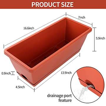 CHUKEMAOYI Window Box Planter, 7 Pack Plastic Vegetable Flower Planters Boxes 17 Inches Rectangular Flower Pots with Saucers for Indoor Outdoor Garden, Patio, Home Decor (Red)