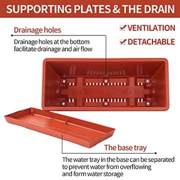 CHUKEMAOYI Window Box Planter, 7 Pack Plastic Vegetable Flower Planters Boxes 17 Inches Rectangular Flower Pots with Saucers for Indoor Outdoor Garden, Patio, Home Decor (Red)
