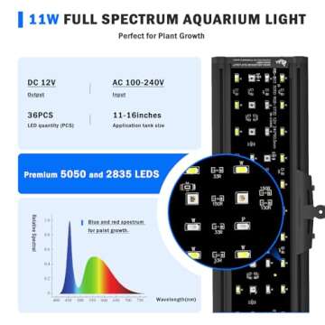 AQQA LED Aquarium Light, 24/7 Mode Clip on Fish Tank Light with Memory Function, DIY Mode Full Spectrum Aquarium Plant Light, Adjustable Timer/Brightness, IP68 Waterproof for 11-16 in Fish Tank 11W