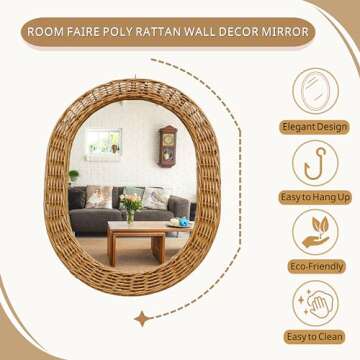 Room Faire Poly Rattan Wall Decor Mirror - Oval Shape, 26" L x 20" W- Rattan Mirror Ideal for Living Rooms Bathroom/Dorm Entryways & Hallways