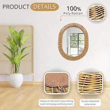 Room Faire Poly Rattan Wall Decor Mirror - Oval Shape, 26" L x 20" W- Rattan Mirror Ideal for Living Rooms Bathroom/Dorm Entryways & Hallways