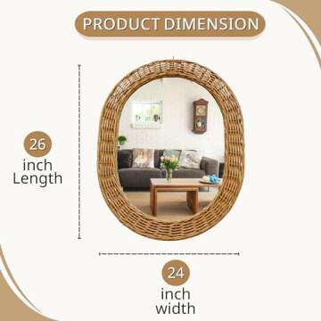 Room Faire Poly Rattan Wall Decor Mirror - Oval Shape, 26" L x 20" W- Rattan Mirror Ideal for Living Rooms Bathroom/Dorm Entryways & Hallways