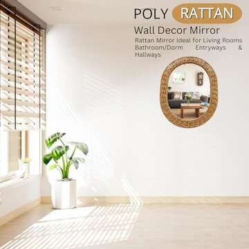 Room Faire Poly Rattan Wall Decor Mirror - Oval Shape, 26" L x 20" W- Rattan Mirror Ideal for Living Rooms Bathroom/Dorm Entryways & Hallways