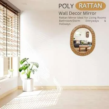 Room Faire Poly Rattan Wall Decor Mirror - Oval Shape, 26" L x 20" W- Rattan Mirror Ideal for Living Rooms Bathroom/Dorm Entryways & Hallways