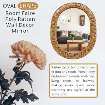 Room Faire Poly Rattan Wall Decor Mirror - Oval Shape, 26" L x 20" W- Rattan Mirror Ideal for Living Rooms Bathroom/Dorm Entryways & Hallways