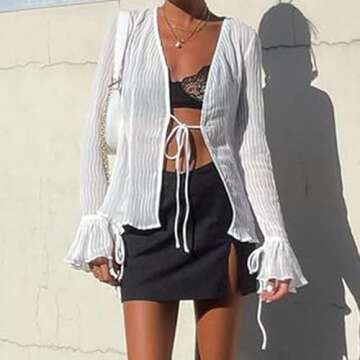 Women Sheer Lace Up Blouse - Y2k Vintage Flare Top