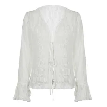 Women Sheer Lace Up Blouse - Y2k Vintage Flare Top